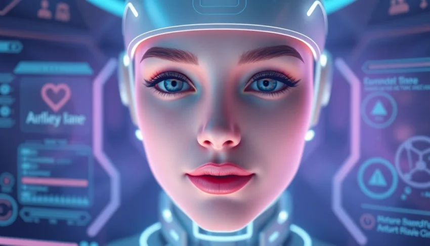 AI girlfriend engaging in a personalized chat through a sleek virtual interface, highlighting emotional connection and modern technology.