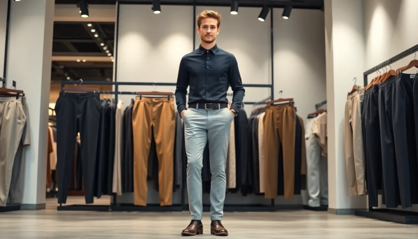 High-quality trousers for men in versatile styles, emphasizing fit and fabric details for a sophisticated look.