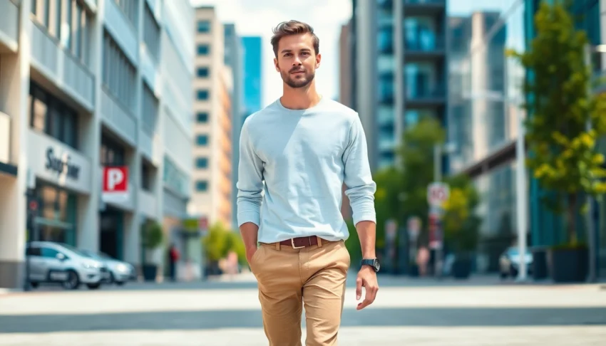 Stylish trousers for men showcased on a confident model in urban attire, perfect for casual or semi-formal wear.