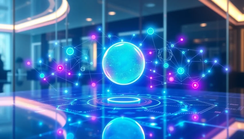 Futuristic AI interface with holographic data and glowing orb representing Nano Banana AI in a high-tech environment.