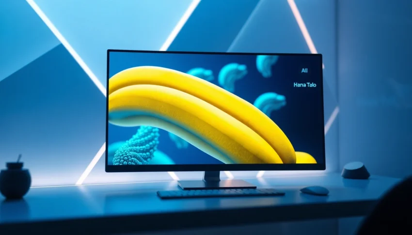 Futuristic AI workspace showcasing a computer screen with vibrant, detailed images of nano-scale bananas, highlighting advanced AI image editing capabilities.