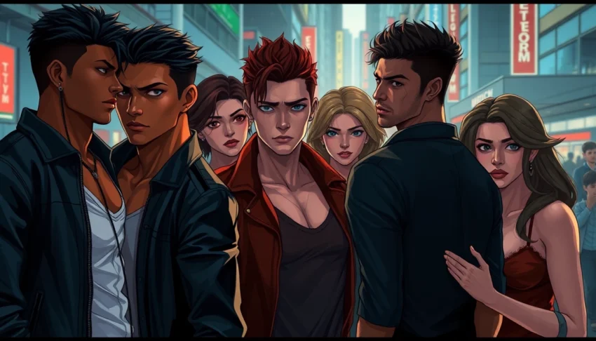 Illustration of diverse humans in an urban setting inspired by the Omegaverse, showing hierarchy and social dynamics through clothing and posture.