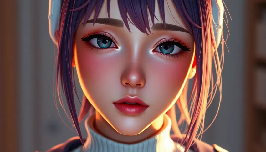 Stylish NSFW AI-generated virtual influencer with detailed features and vibrant colors engaging in a realistic scene
