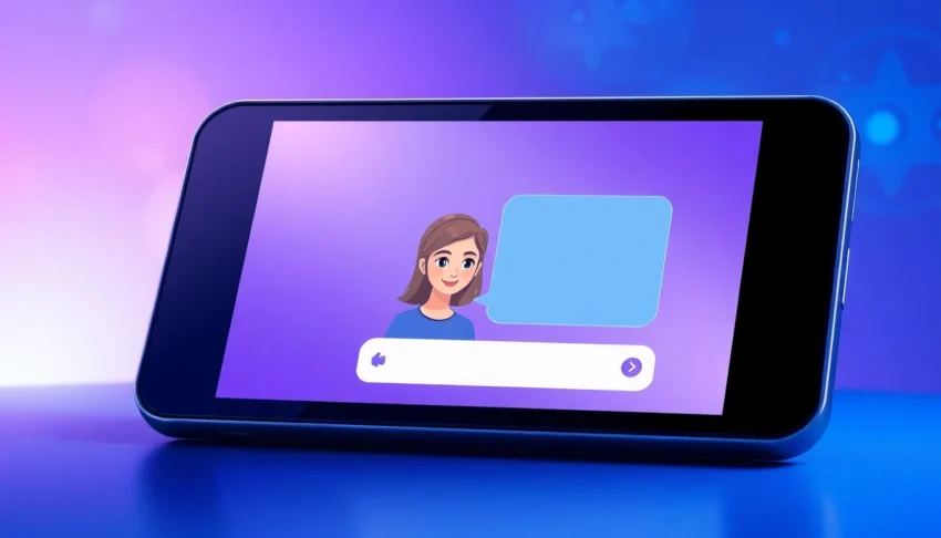 A futuristic chat interface on a device screen showing an AI character engaging in conversation, with a glowing digital background.