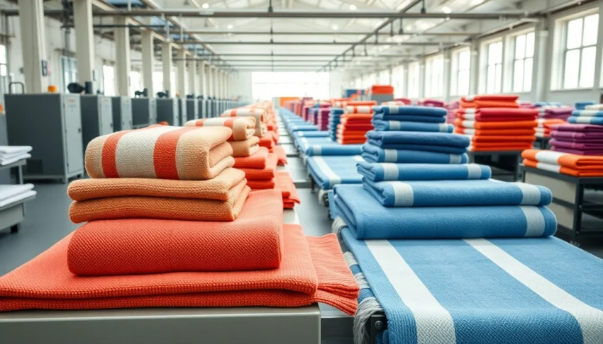Towels manufacturer in Europe producing plush, high-quality towels with vibrant colors in a modern factory setting.