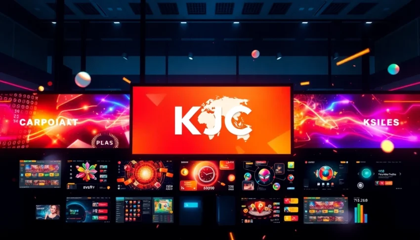Professional KJC branding scene illustrating global entertainment network, technology