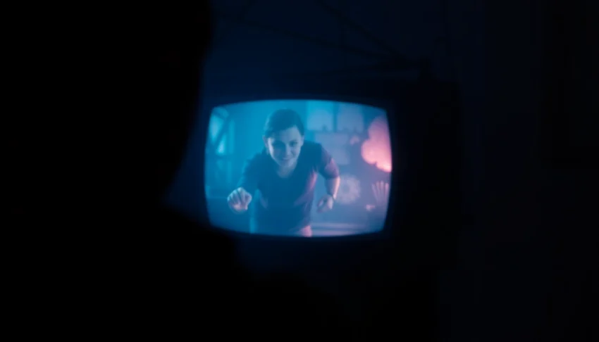 Scary horror video scene with a shadowy figure watching an eerie flickering screen, creating a chilling mood for viewers.