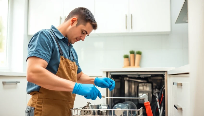 Professional team performing dishwasher repair Toronto on a modern kitchen dishwasher to ensure