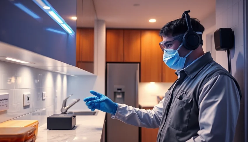 Professionele ongediertebestrijder controleert muizenpreventiemiddelen in een moderne keuken.
