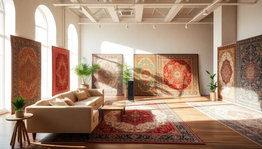 Premium Tappeti a Milano showcased in a stylish showroom with detailed patterns and textures,