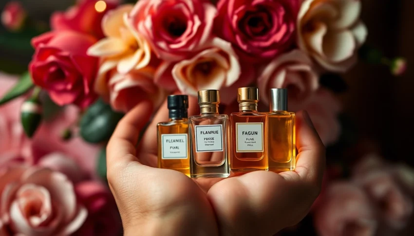 Encourage friend to buy parfumproben kaufen with elegant perfume samples in her hands,
