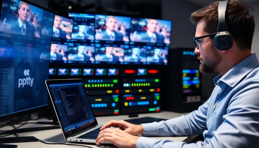 Optimized visual of a technician testing teste cs 48h IPTV service on a laptop, emphasizing
