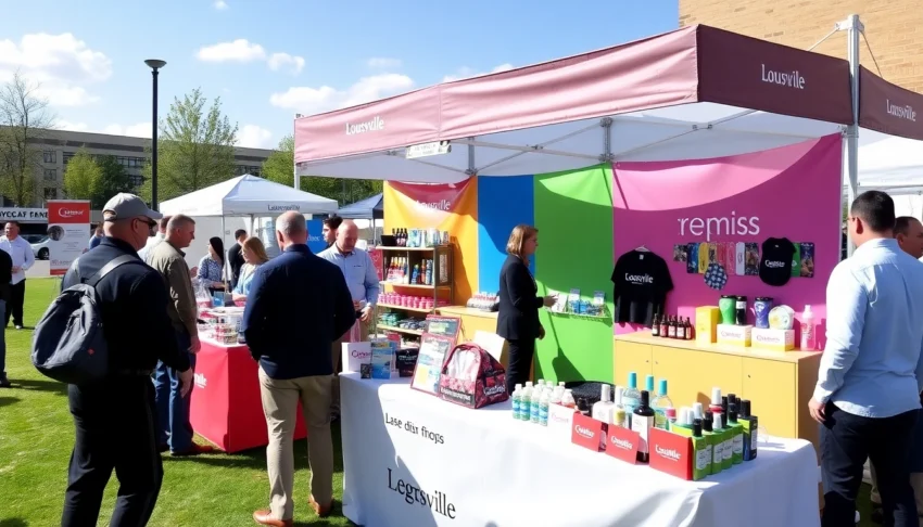 High-quality promotional products in Louisville displayed at a busy trade show booth attracting