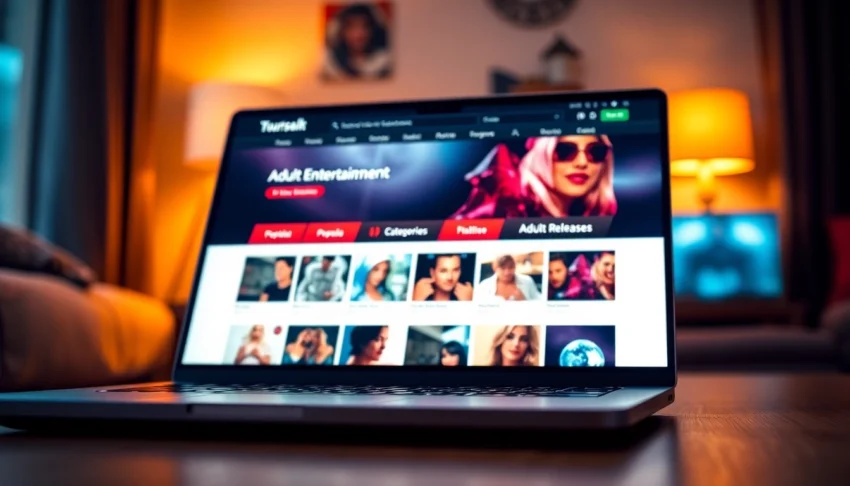 A modern laptop displaying an adult entertainment website homepage with colorful thumbnails and navigation menus.