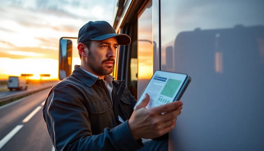 Truckers inspecting trucker reviews on digital device during travel for reliable transportation
