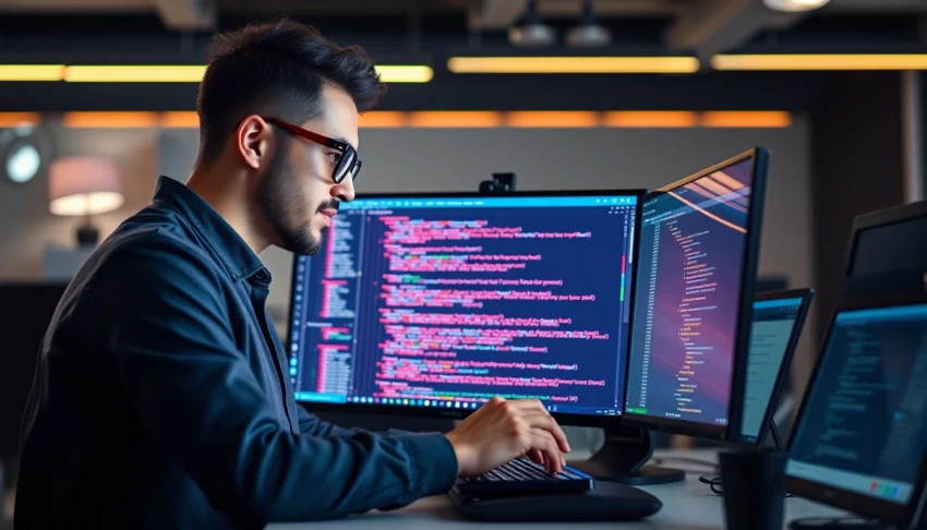 Angular developer coding in a sleek workspace highlighting front-end development skills and