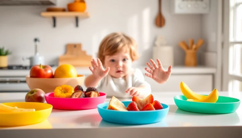 Healthy babies enjoying Alimenti sani per bambini with colorful silicone dinnerware in a bright