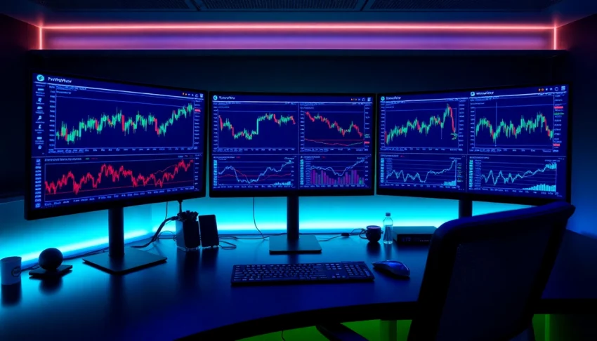 Professional trader analyzing TradingView charts on multiple screens demonstrating market